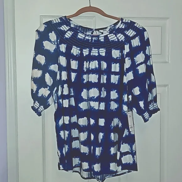 Sonoma Blue and White Smocked Blouse - Picture 1 of 6